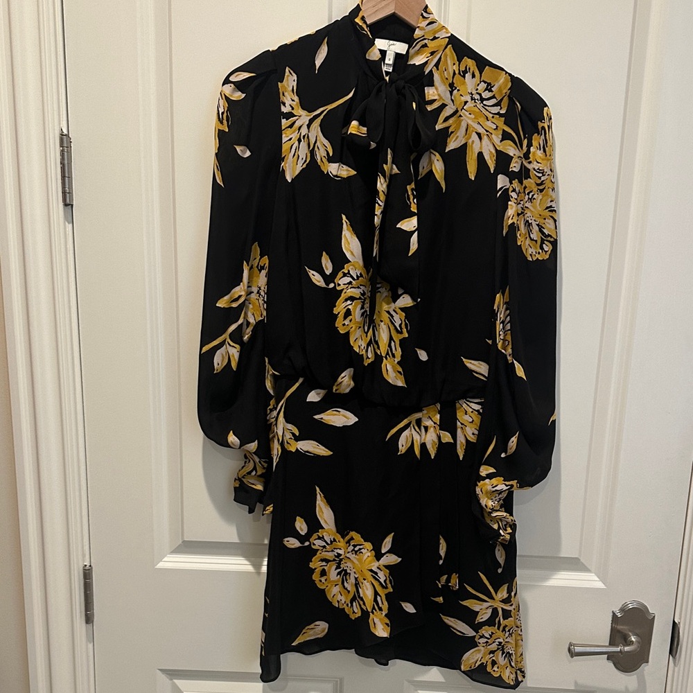 Joie Black Dress with Yellow Floral Print and Tie Neck